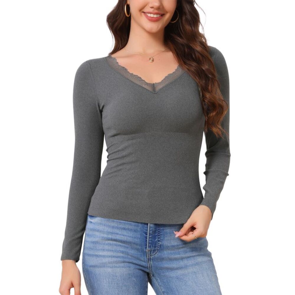 Women's UnderShirt Thermal Built-in Bra Ribbed Long Sleeve Tops Grey